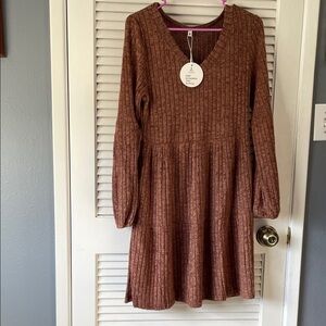 Brown Ribbed Knit Dress